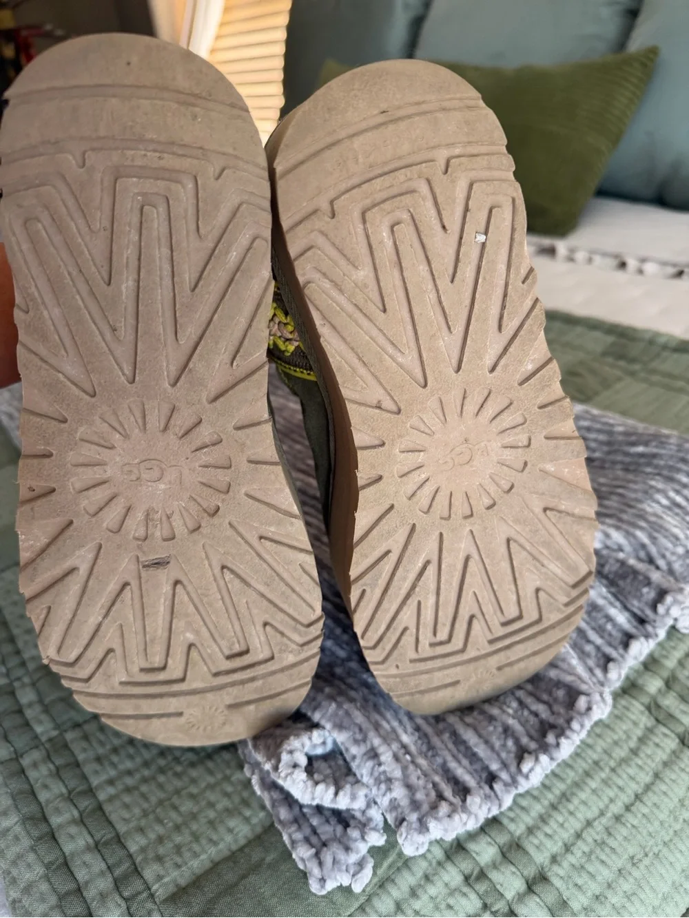 UGG Olive Suede Platform Ankle Boot with Yellow detail design Trim